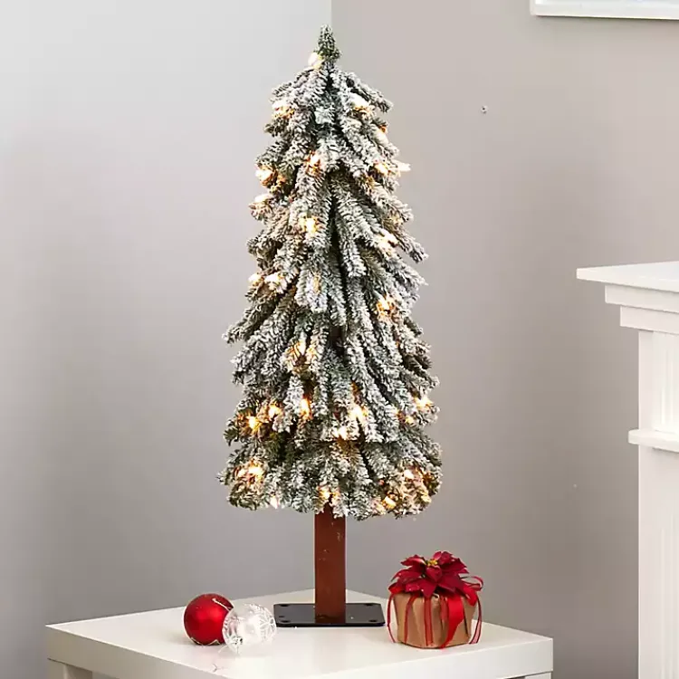 Christmas Trees>Kirklands Home 3 ft. Lit Flocked Grand Alpine Trunk Mini Tree