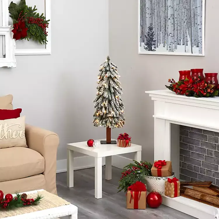 Christmas Trees>Kirklands Home 3 ft. Lit Flocked Grand Alpine Trunk Mini Tree
