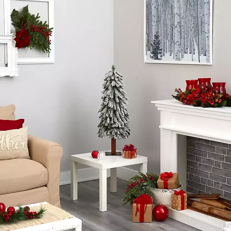 Christmas Trees>Kirklands Home 3 ft. Lit Flocked Grand Alpine Trunk Mini Tree