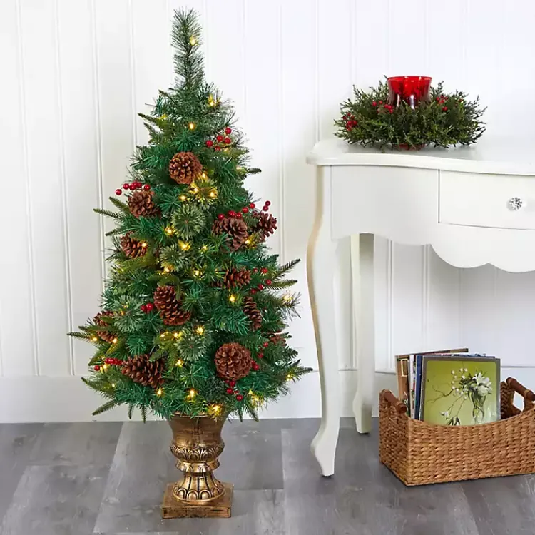 Christmas Trees>Kirklands Home 4 ft. Pre-Lit Berry and Pine Cones Tree in Urn