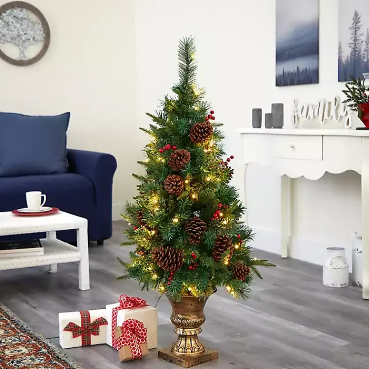 Christmas Trees>Kirklands Home 4 ft. Pre-Lit Berry and Pine Cones Tree in Urn