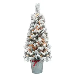 Christmas Arrangements & Garland>Kirklands Home 4 ft. Pre-Lit Flocked Pine Tree in Metal Pot White