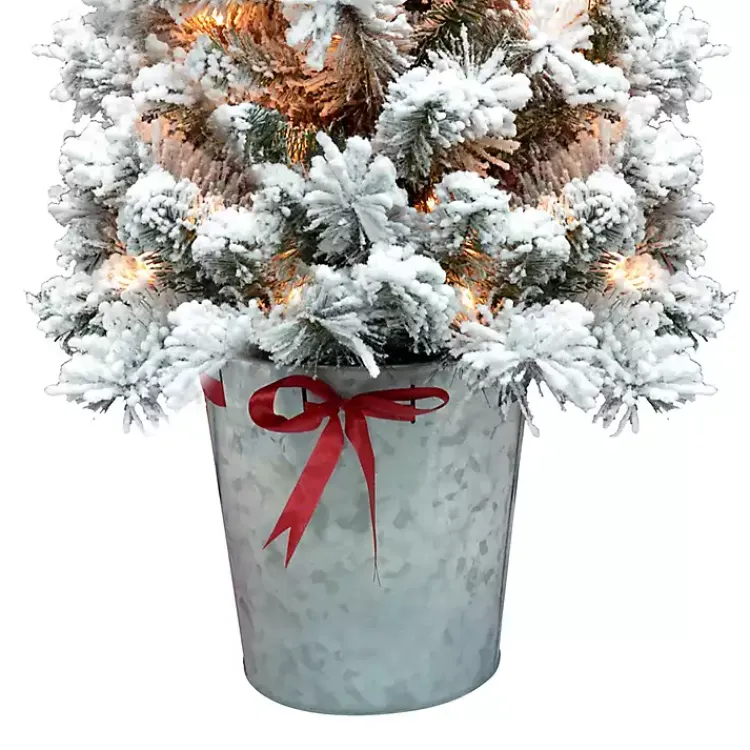 Christmas Arrangements & Garland>Kirklands Home 4 ft. Pre-Lit Flocked Pine Tree in Metal Pot White