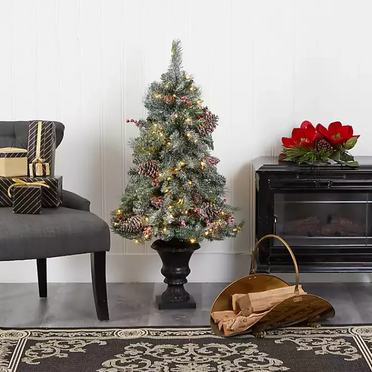 Christmas Trees>Kirklands Home 4 ft. Pre-Lit Frosted Berry and Pine Tree in Urn