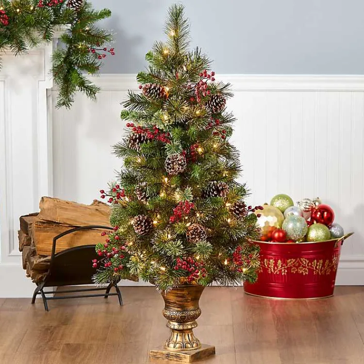 Christmas Trees>Kirklands Home 4 ft. Pre-Lit Iced Berry & Pine Tree in Bronze Urn