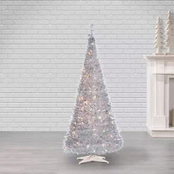 Christmas Trees>Kirklands Home 6 ft. Pre-Lit Silver Tinsel Pop-Up Christmas Tree