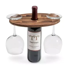 Kirklands Home Acacia Wood Wine Bottle and Glass Caddy Brown Outlet