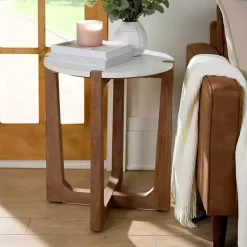 Kirklands Home Allen Wood and Marble Round Side Table White