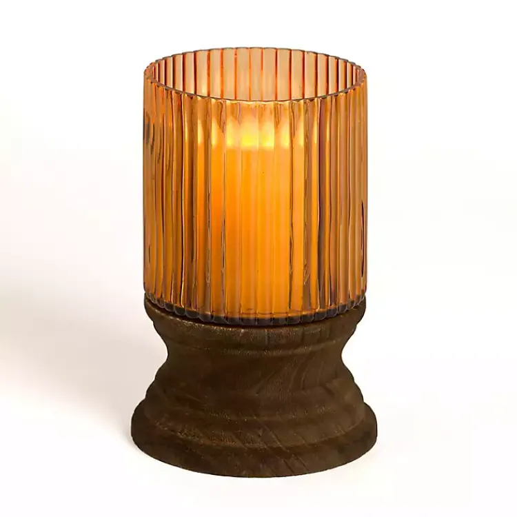 Candle Holders>Kirklands Home Amber Glass and Wood Hurricane, 8 in. Brown