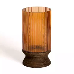 Candle Holders>Kirklands Home Amber Glass and Wood Hurricane, 13 in.