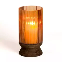 Candle Holders>Kirklands Home Amber Glass and Wood Hurricane, 13 in.