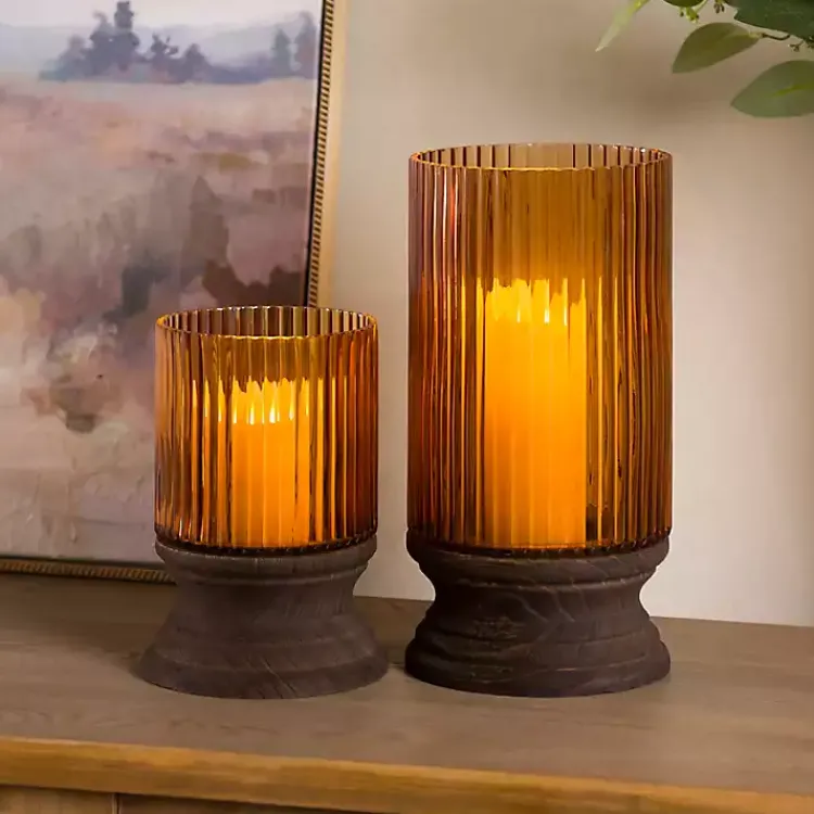Candle Holders>Kirklands Home Amber Glass and Wood Hurricane, 13 in.