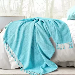 Blankets & Throws>Kirklands Home Angel Checkered Weave Fringe Throw Blue