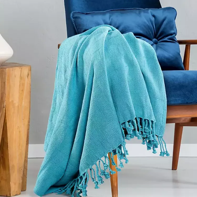 Blankets & Throws>Kirklands Home Angel Checkered Weave Fringe Throw Blue
