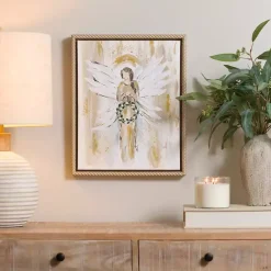 Kirklands Home Angel Holding Wreath Framed Canvas Art Print White