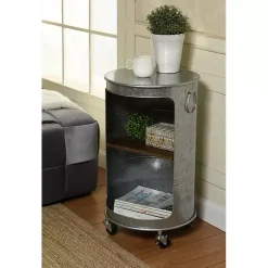 Kirklands Home Antique Round Rolling Galvanized Accent Table Gray Outlet
