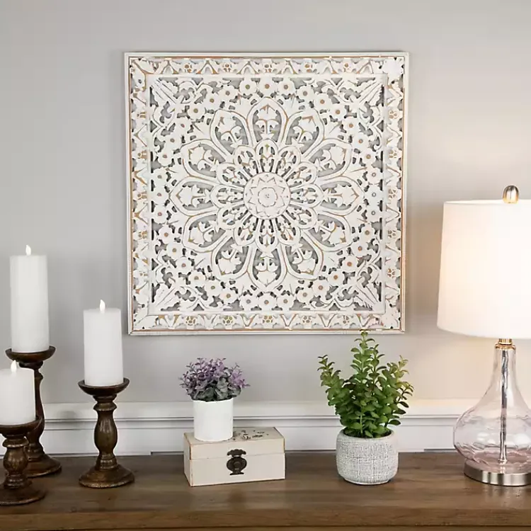 Kirklands Home Antique Floral Mandala Square Wall Plaque White Clearance