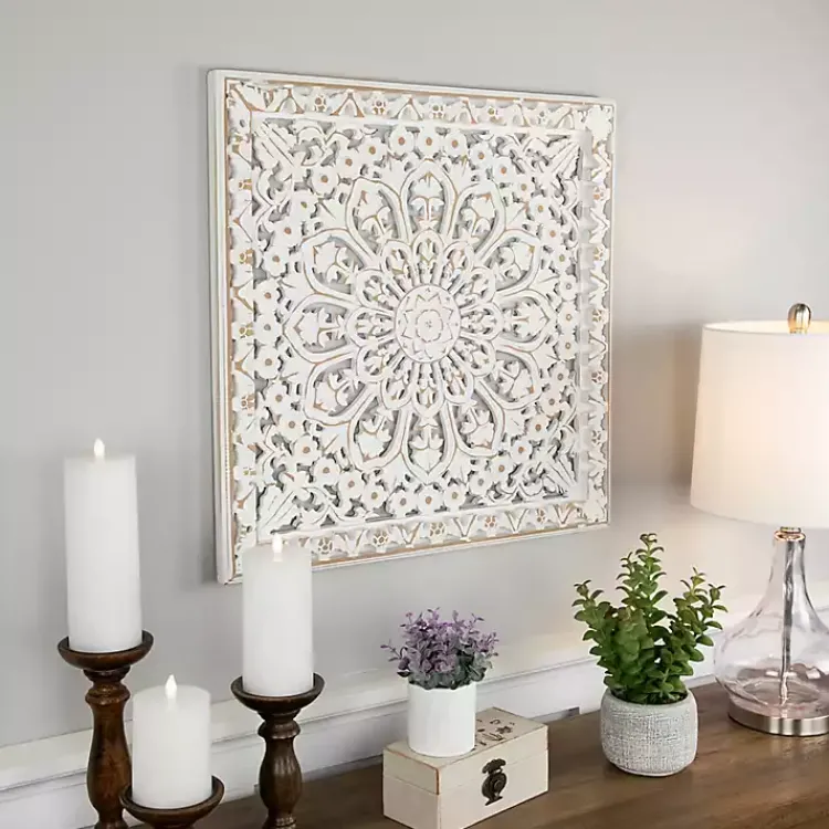 Kirklands Home Antique Floral Mandala Square Wall Plaque White Clearance