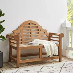 Kirklands Home Arched Teakwood Slatted Outdoor Bench Tan New