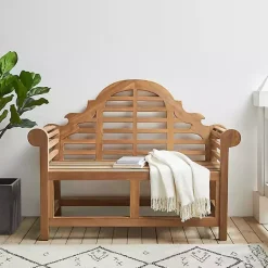 Kirklands Home Arched Teakwood Slatted Outdoor Bench Tan New