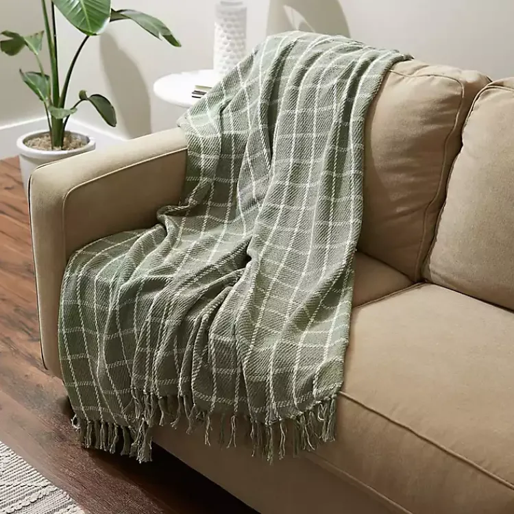 Blankets & Throws>Kirklands Home Artichoke Plaid Fringed Throw Green