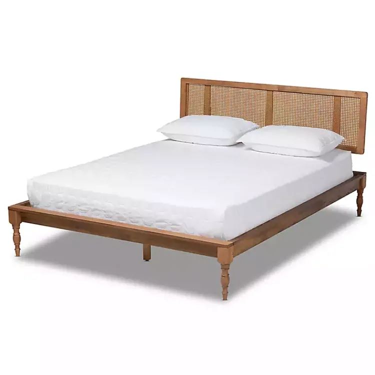 Kirklands Home Ash Walnut Wrap-Around Rattan Platform Queen Bed Brown New
