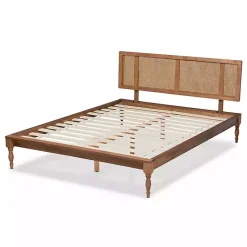 Kirklands Home Ash Walnut Wrap-Around Rattan Platform Queen Bed Brown New