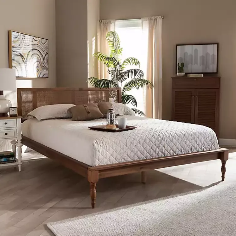 Kirklands Home Ash Walnut Wrap-Around Rattan Platform Queen Bed Brown New