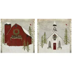 Christmas Art & Wall Decor>Kirklands Home Barn and Church Canvas Art Prints, Set of 2 Multi