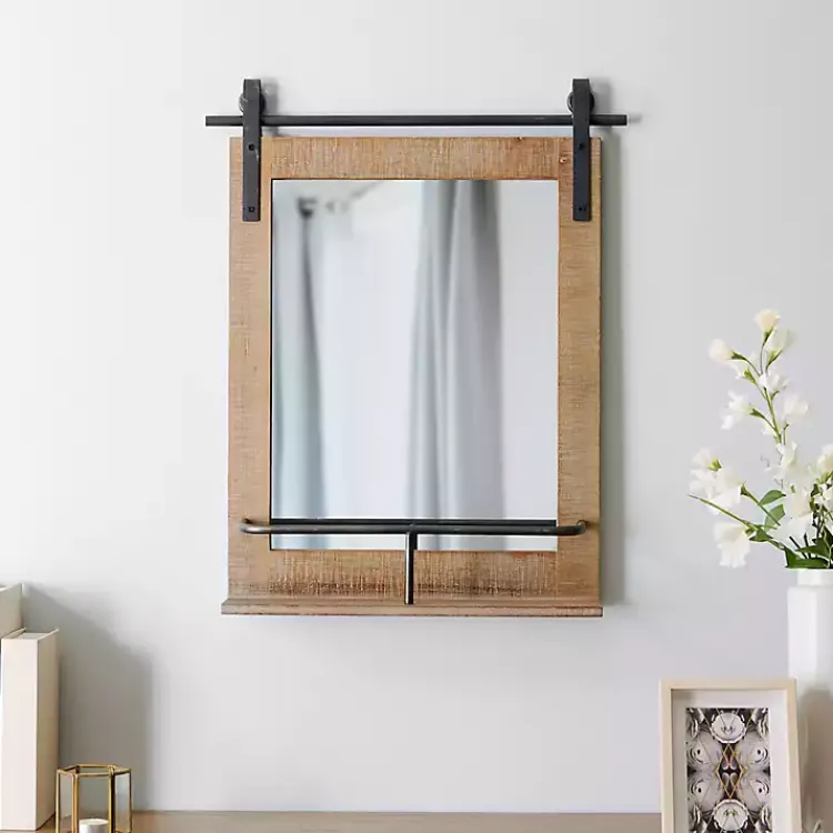 Kirklands Home Barn Door Mirror with Shelf Brown Outlet