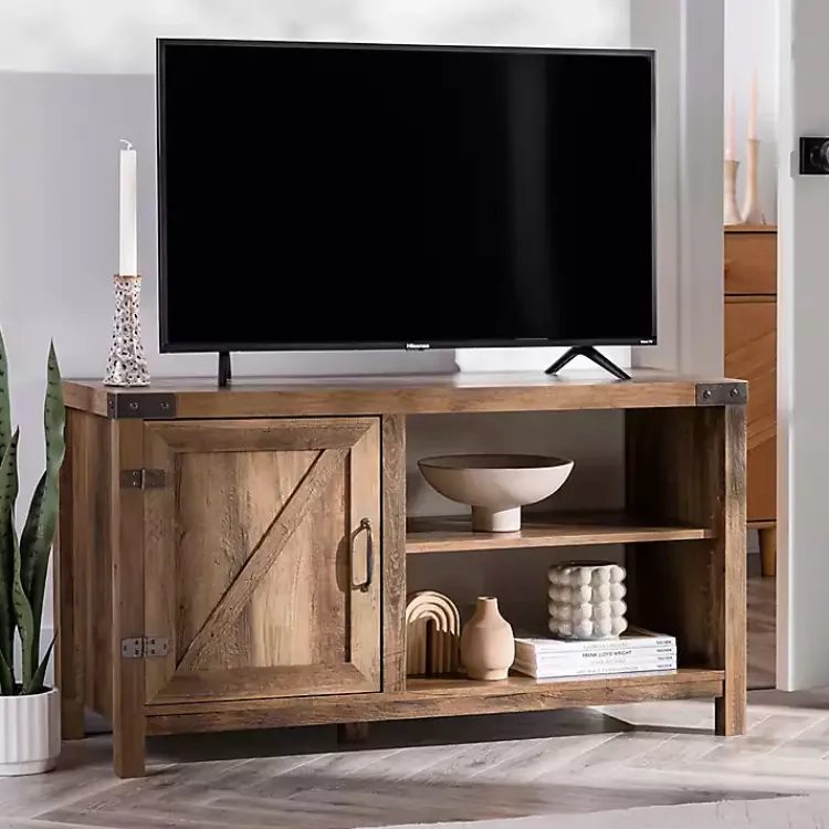 Kirklands Home Barn Door Rustic Oak TV Stand with Open Shelves Brown