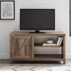 Kirklands Home Barn Door Rustic Oak TV Stand with Open Shelves Brown