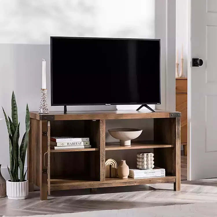 Kirklands Home Barn Door Rustic Oak TV Stand with Open Shelves Brown