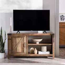 Kirklands Home Barn Door Rustic Oak TV Stand with Open Shelves Brown