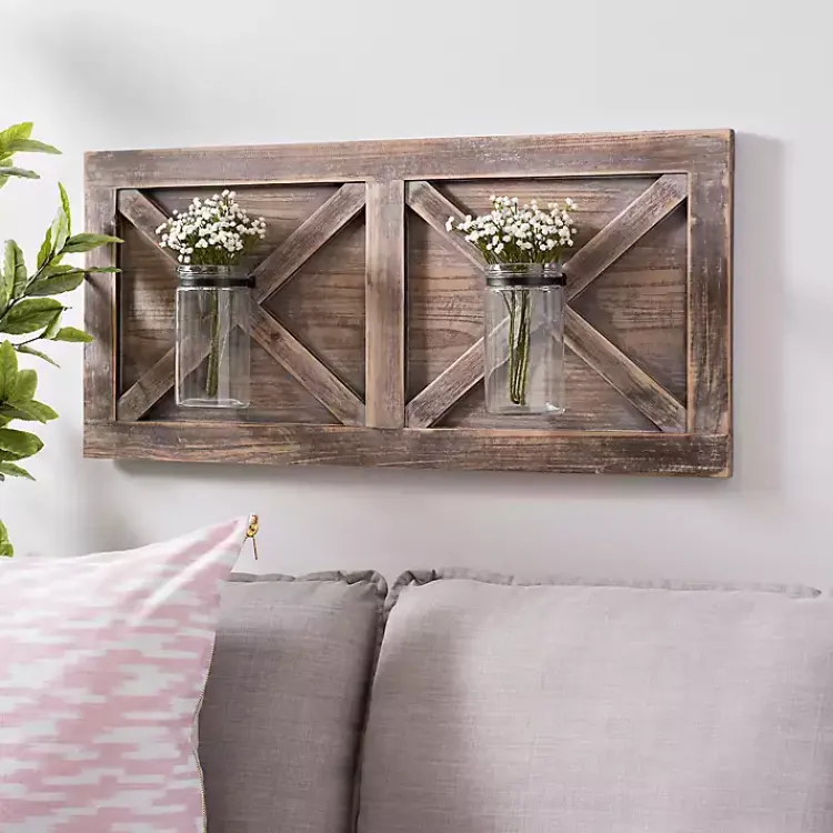 Kirklands Home Barn Door Wall Plaque with Glass Vases Brown Best