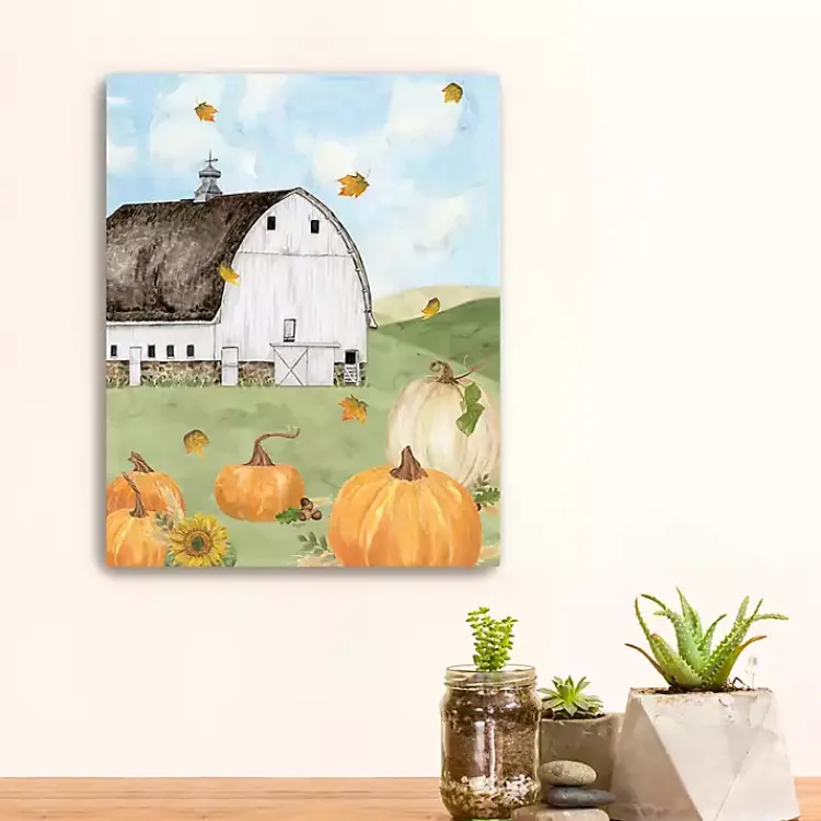 Fall>Kirklands Home Barn with Pumpkins Canvas Art Print, 20x16 in. Multi