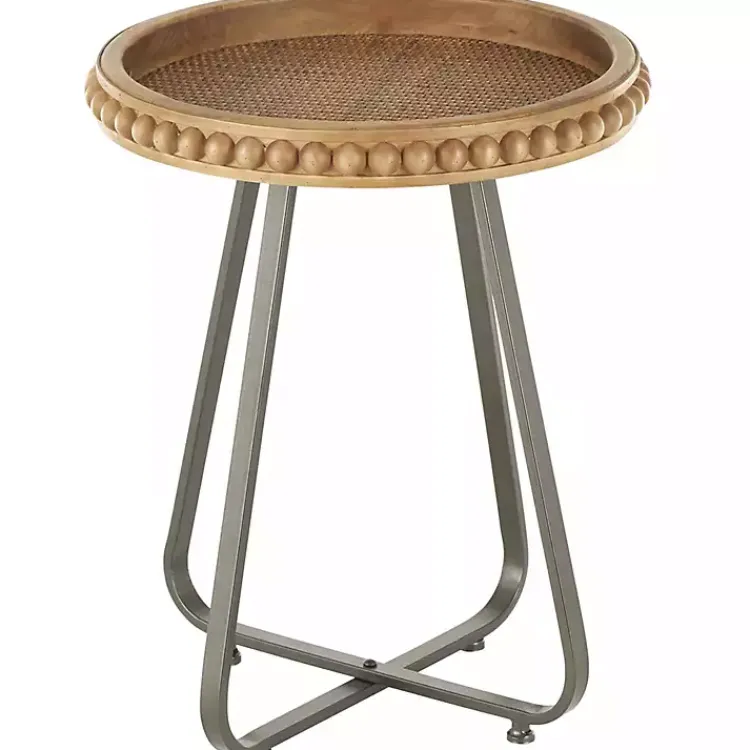 Kirklands Home Beaded Wood Rattan Round Accent Table Brown New