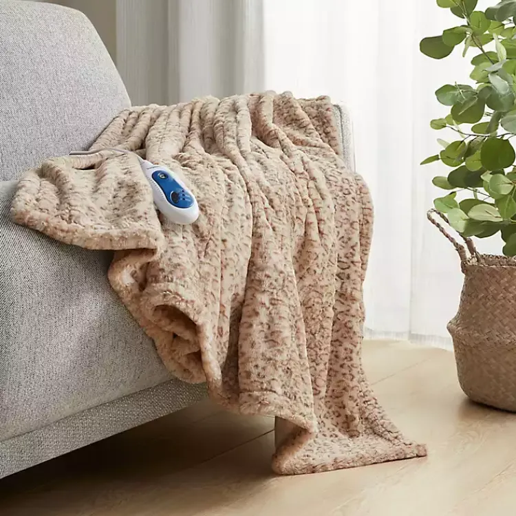 Blankets & Throws>Kirklands Home Beautyrest Leopard Faux Fur Oversized Heated Throw Brown