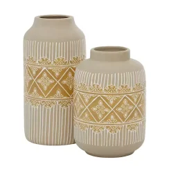 Vases>Kirklands Home Beige and Yellow Acanthus Print Vases, Set of 2