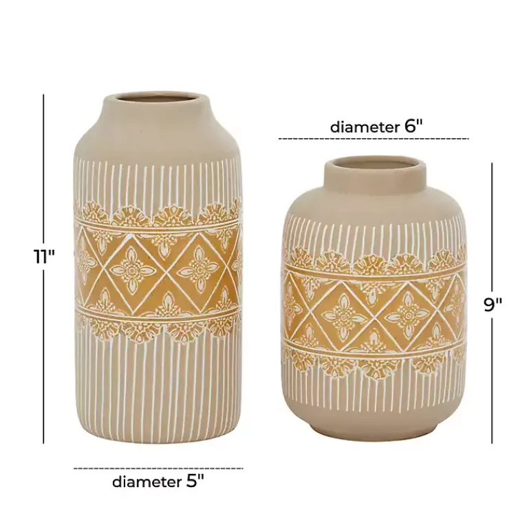 Vases>Kirklands Home Beige and Yellow Acanthus Print Vases, Set of 2