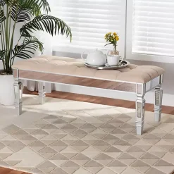 Kirklands Home Beige Button Tufted Bench with Mirrored Base Tan Outlet