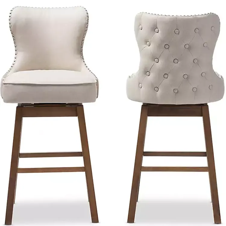Kirklands Home Beige Button Tufted Swivel Bar Stools, Set of 2 Ivory New
