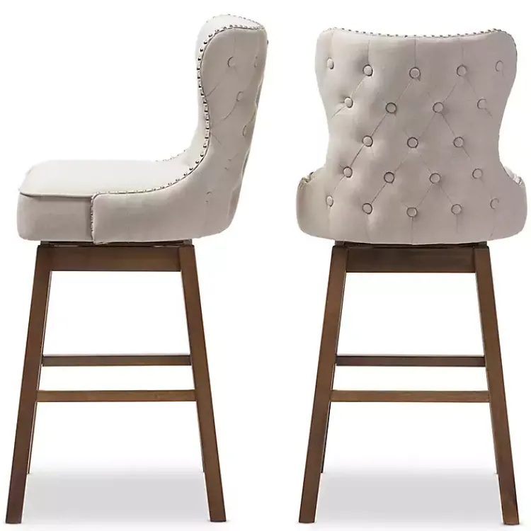Kirklands Home Beige Button Tufted Swivel Bar Stools, Set of 2 Ivory New