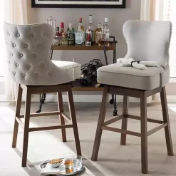 Kirklands Home Beige Button Tufted Swivel Bar Stools, Set of 2 Ivory New