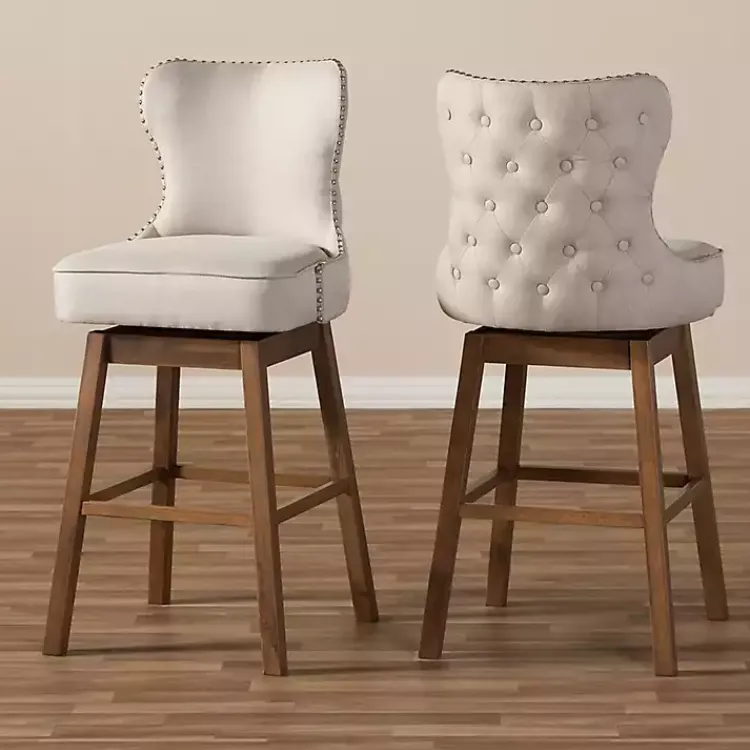 Kirklands Home Beige Button Tufted Swivel Bar Stools, Set of 2 Ivory New