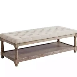 Kirklands Home Beige Tufted Linen and Wood Bench Tan Best