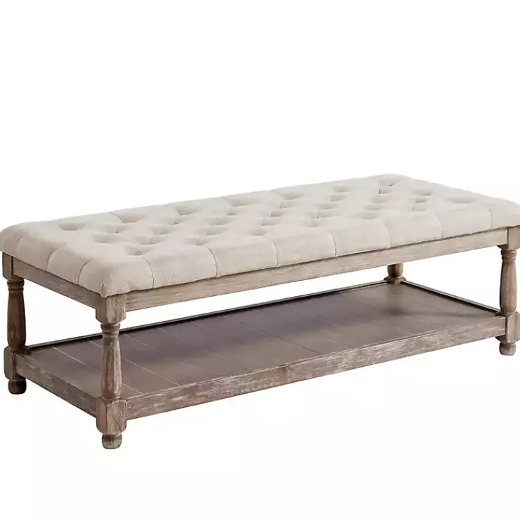 Kirklands Home Beige Tufted Linen and Wood Bench Tan Best