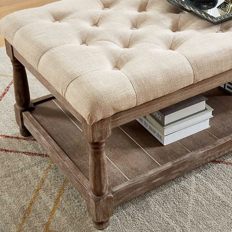 Kirklands Home Beige Tufted Linen and Wood Bench Tan Best