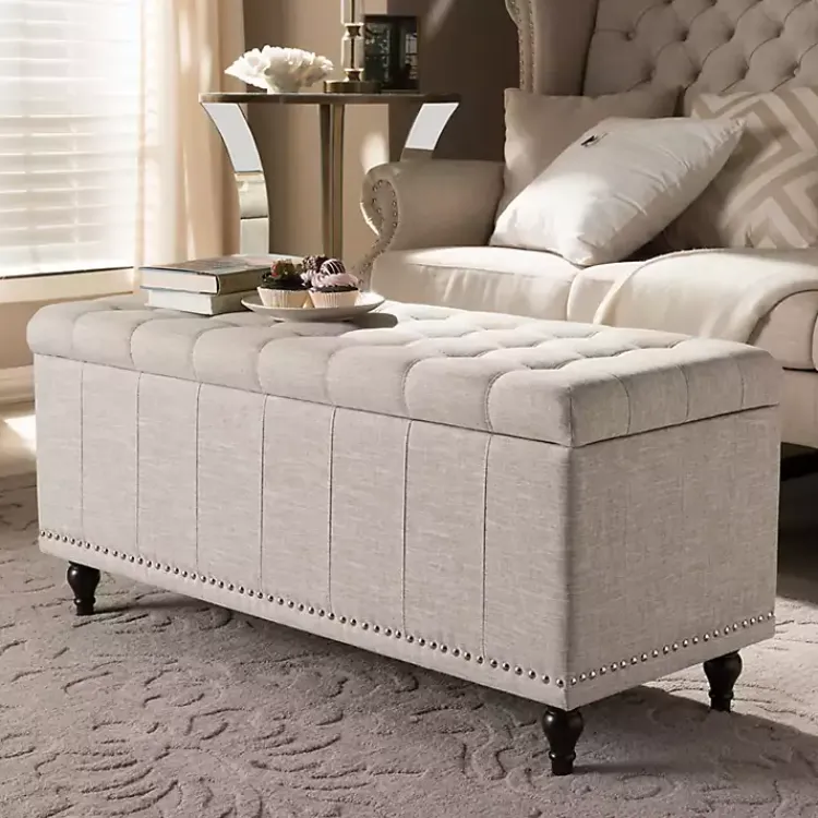 Kirklands Home Beige Tufted Upholstery Storage Ottoman Tan Discount
