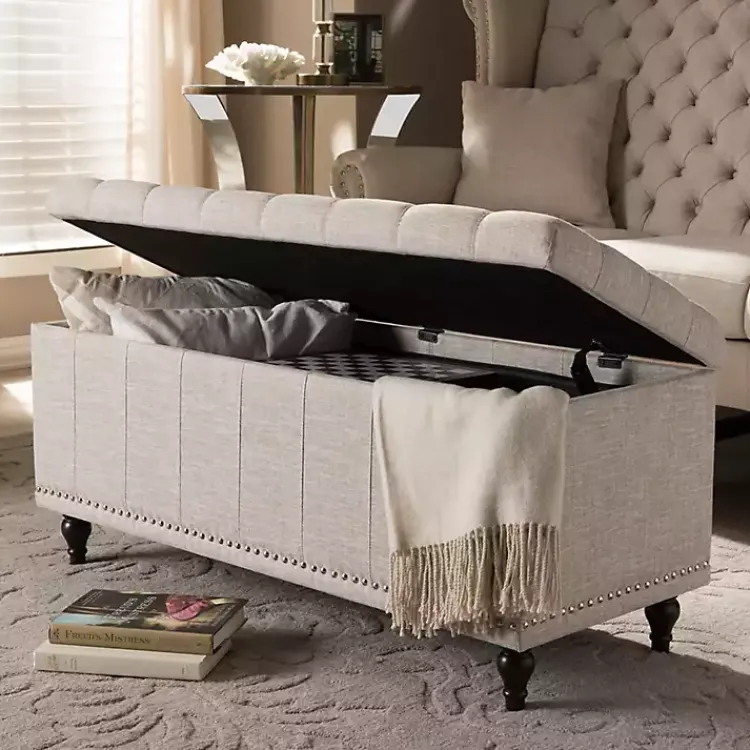 Kirklands Home Beige Tufted Upholstery Storage Ottoman Tan Discount